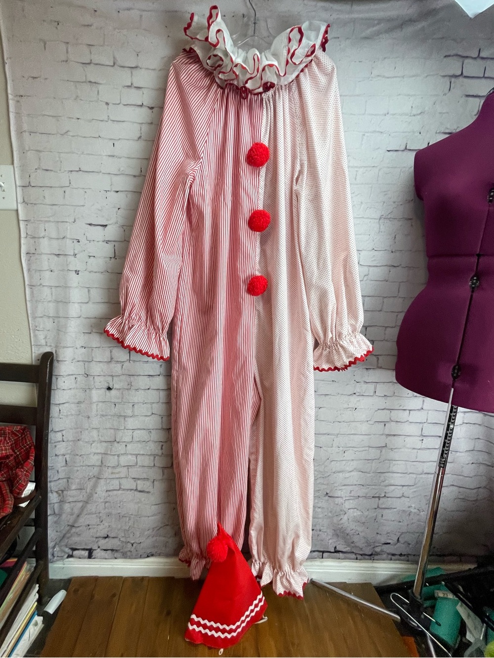 Red and white vintage homemade clown costume adult XL